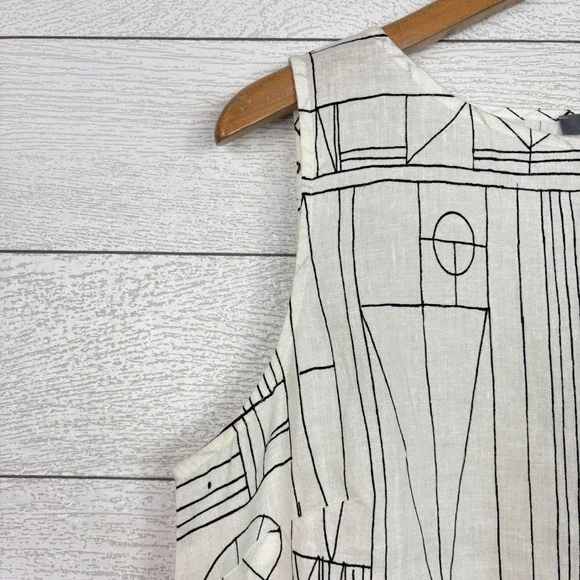 Habitat White Geometric Abstract Print Sleeveless Dress Linen Cotton Medium - Picture 5 of 6